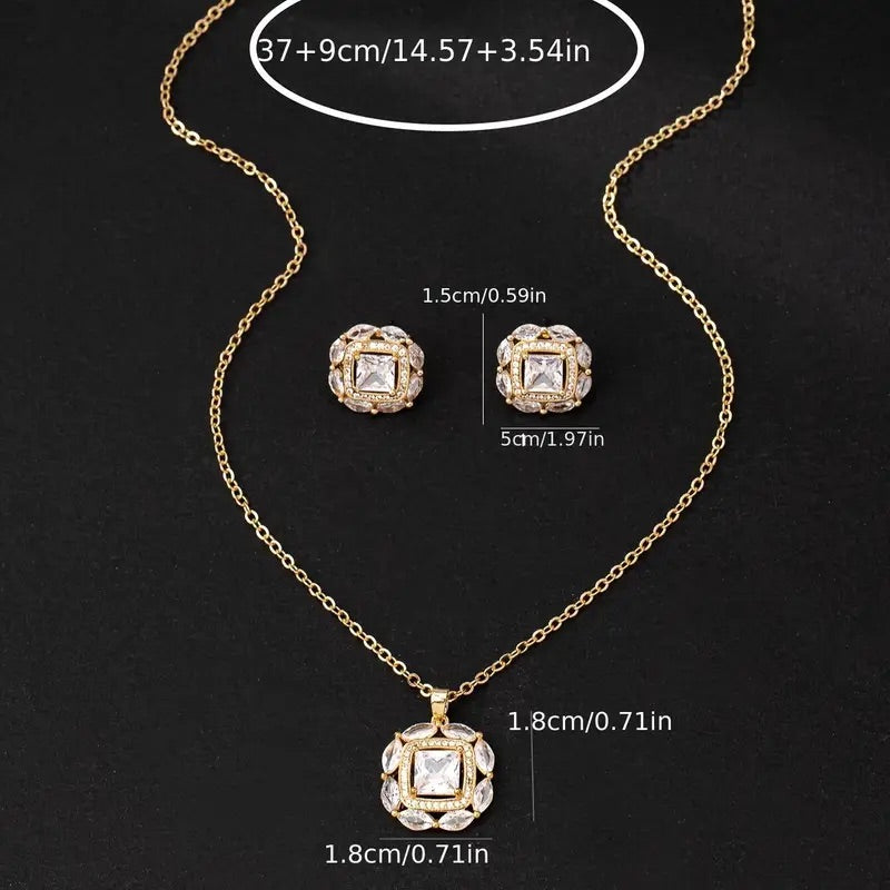 Vergulde vierkante ketting en oorbellen set